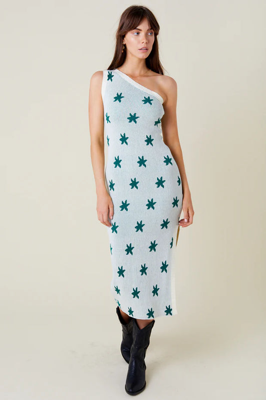 Rue Stiic Kira One Shoulder Midi Dress in Green Flore - the tartan fox