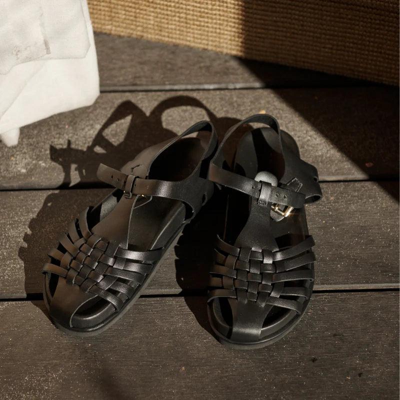 Sol Sana Fisherman Footbed Sandal in Black Leather - the tartan fox