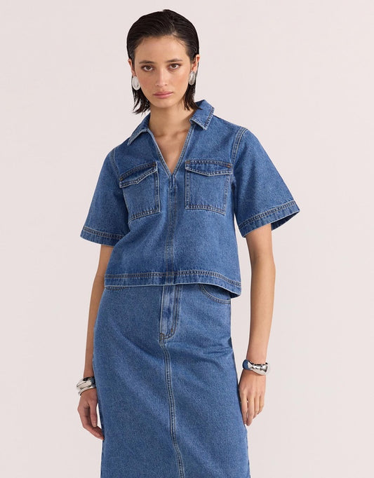 Staple the Label Alden Crop Denim Shirt in Mid-Blue - the tartan fox