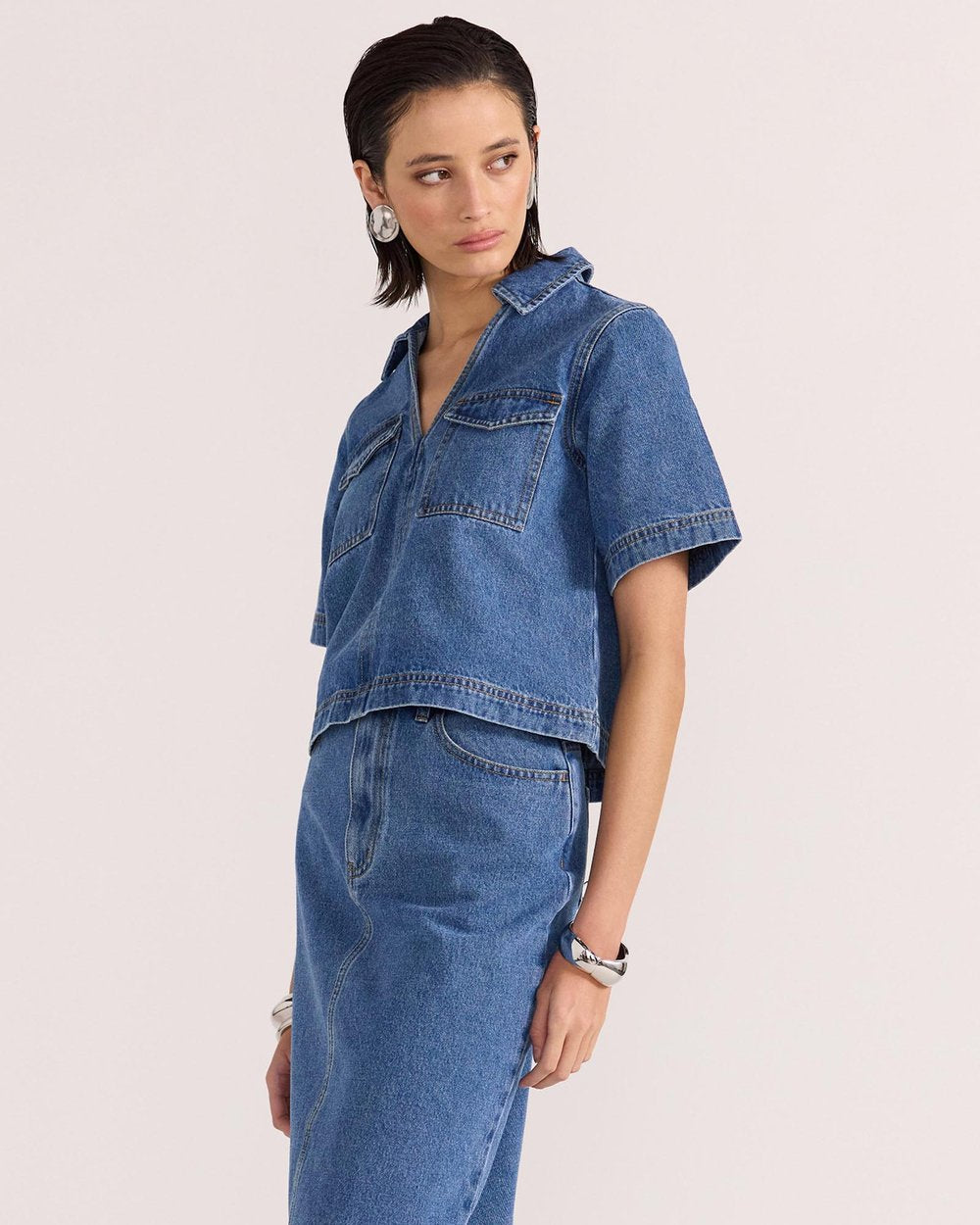 Staple the Label Alden Crop Denim Shirt in Mid-Blue - the tartan fox