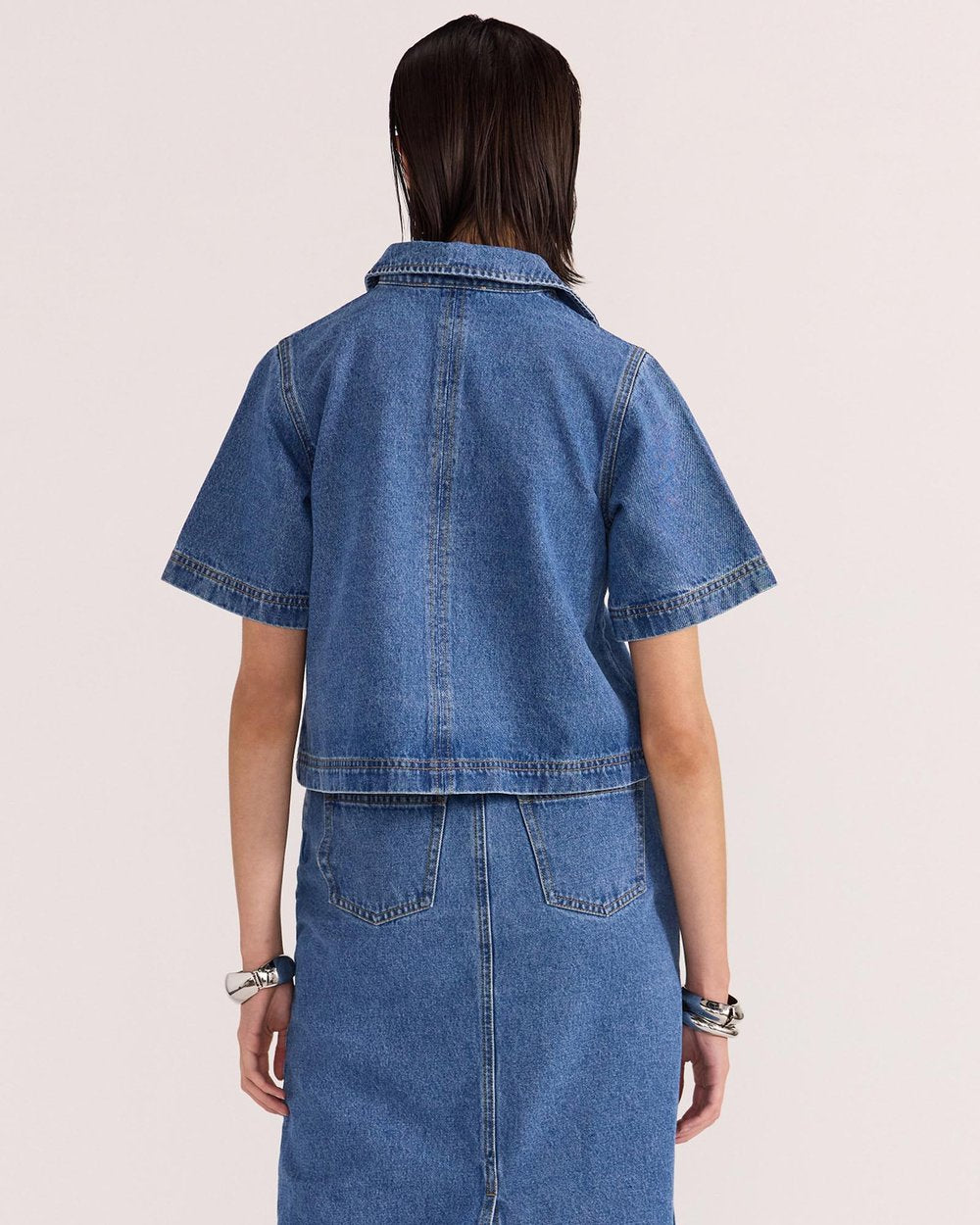 Staple the Label Alden Crop Denim Shirt in Mid-Blue - the tartan fox