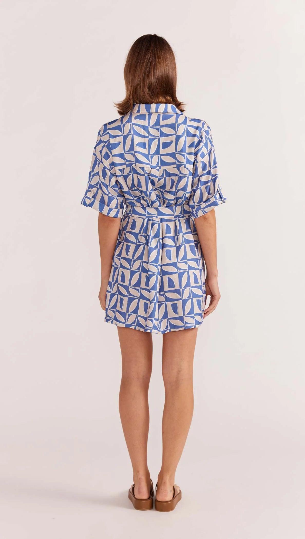 Staple the Label Alto Mini Shirt Dress in Blue - Geo Print - the tartan fox