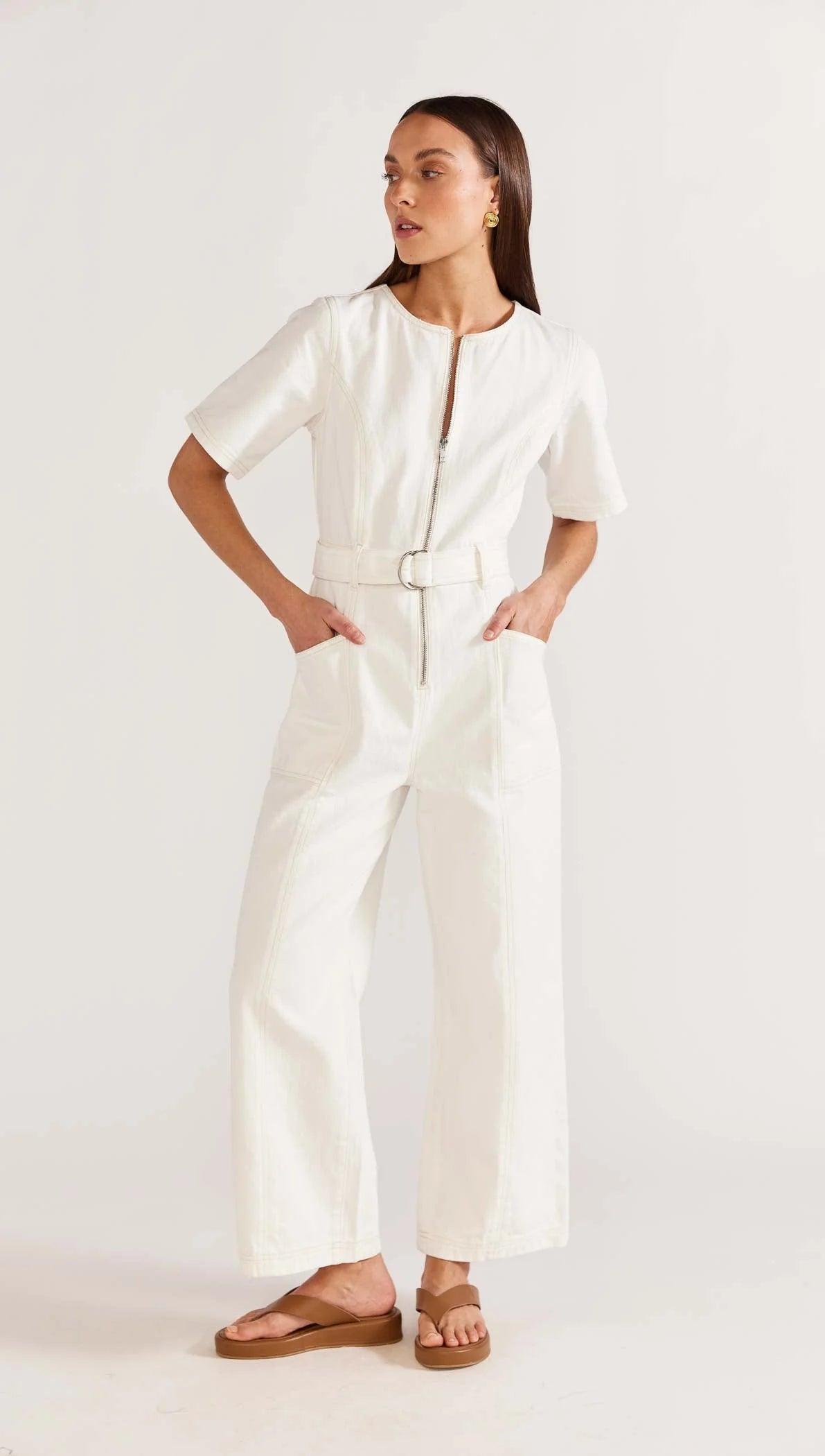 Staple the Label Arlo Cropped Denim Jumpsuit in Off White - the tartan fox