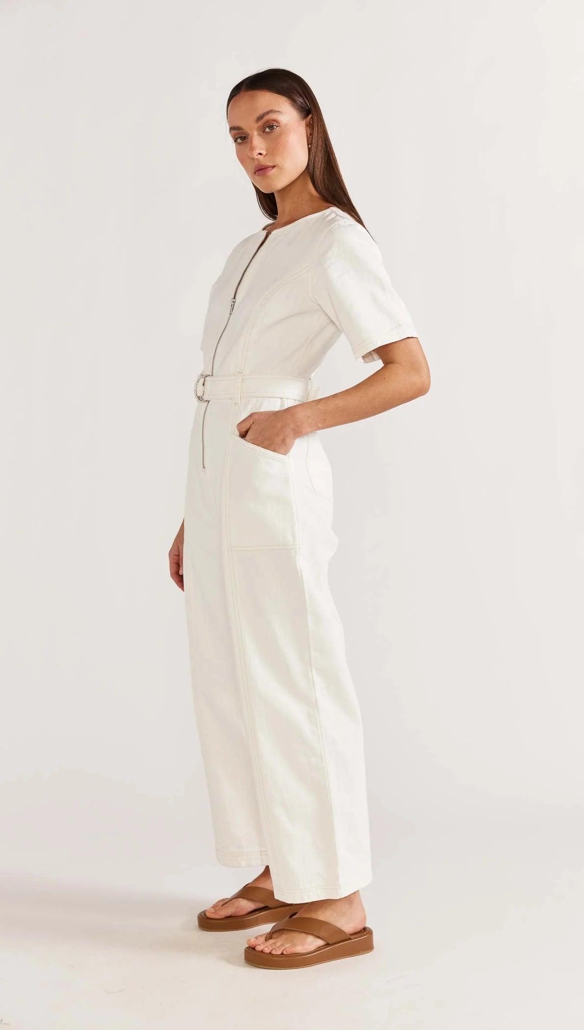 Staple the Label Arlo Cropped Denim Jumpsuit in Off White - the tartan fox