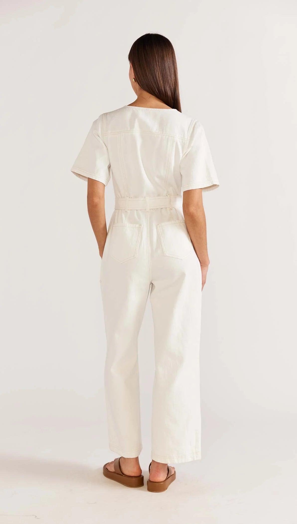 Staple the Label Arlo Cropped Denim Jumpsuit in Off White - the tartan fox