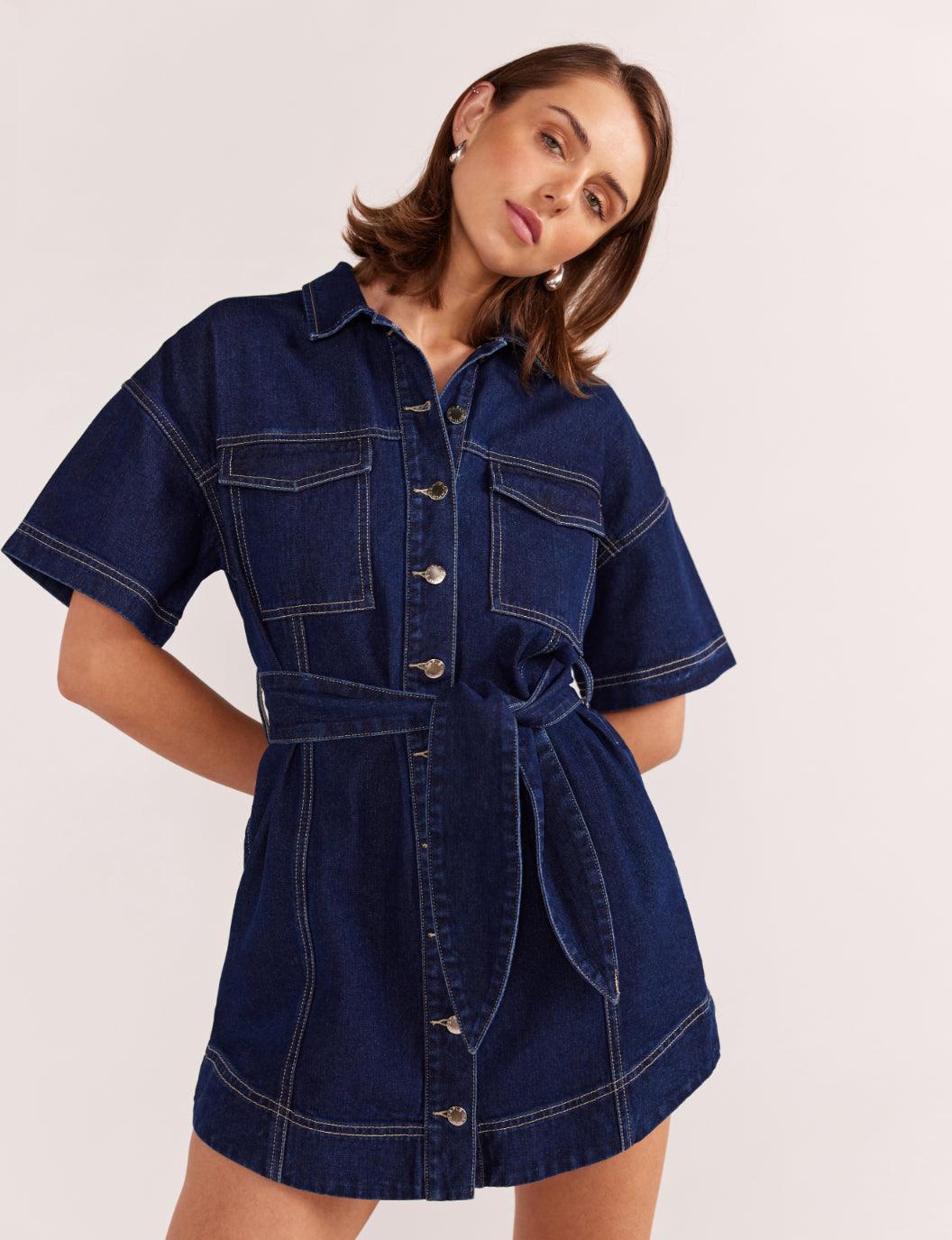 Staple the Label Luca Denim Mini Dress in Indigo - the tartan fox