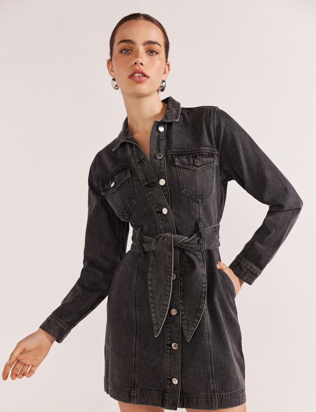 Staple the Label Mason Denim Mini Dress in Washed Black - the tartan fox