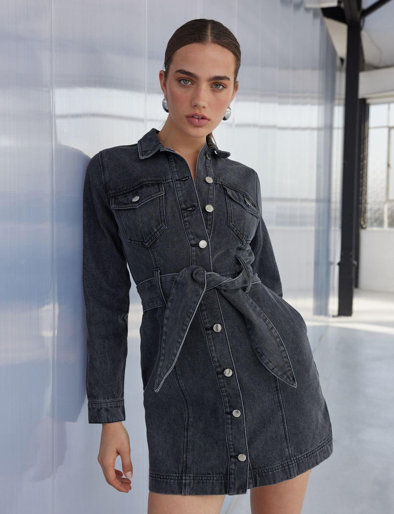 Staple the Label Mason Denim Mini Dress in Washed Black - the tartan fox