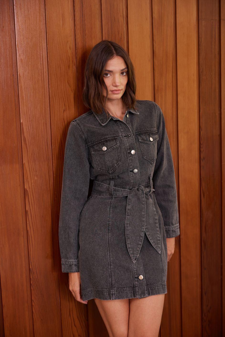 Staple the Label Mason Denim Mini Dress in Washed Black - the tartan fox