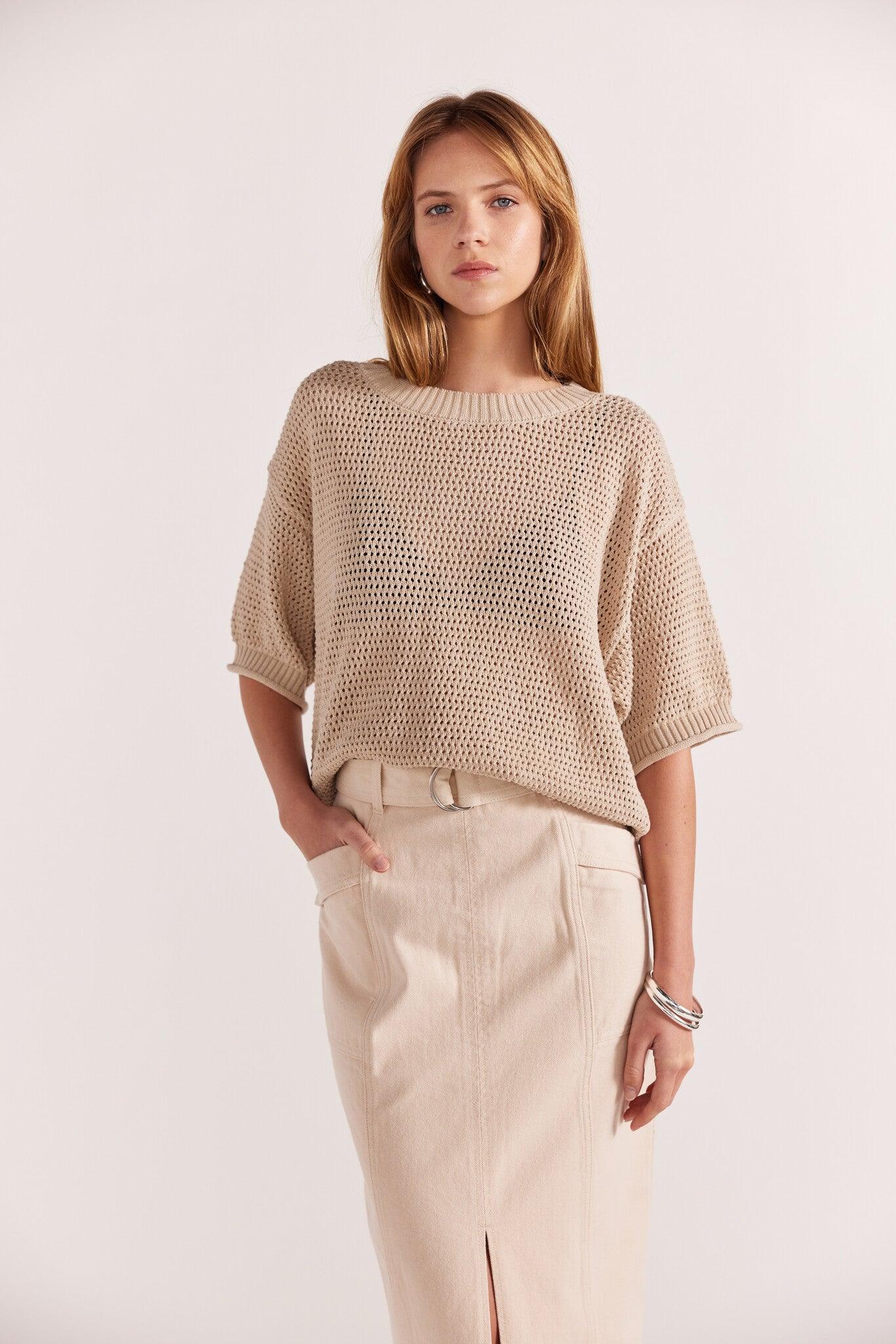 Staple the Label Nora Open Knit Tee in Natural - the tartan fox