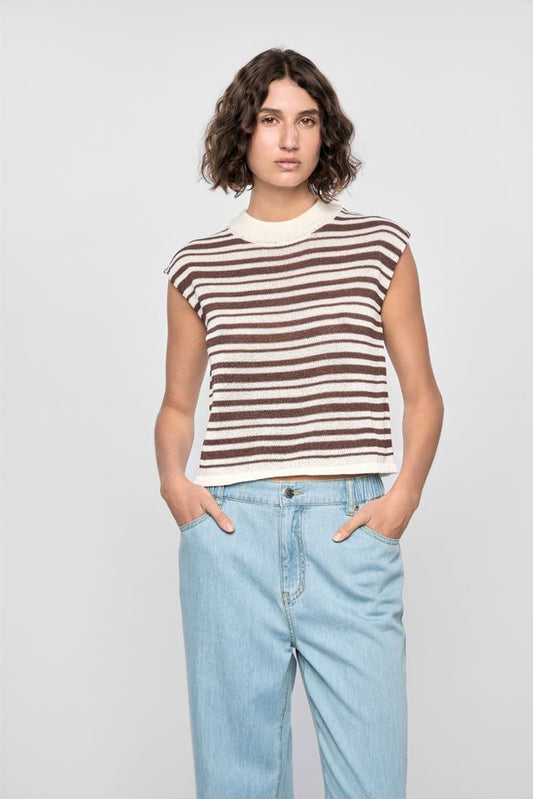 Staple the Label Palmer Stripe Knit Tank in White/Espresso - the tartan fox