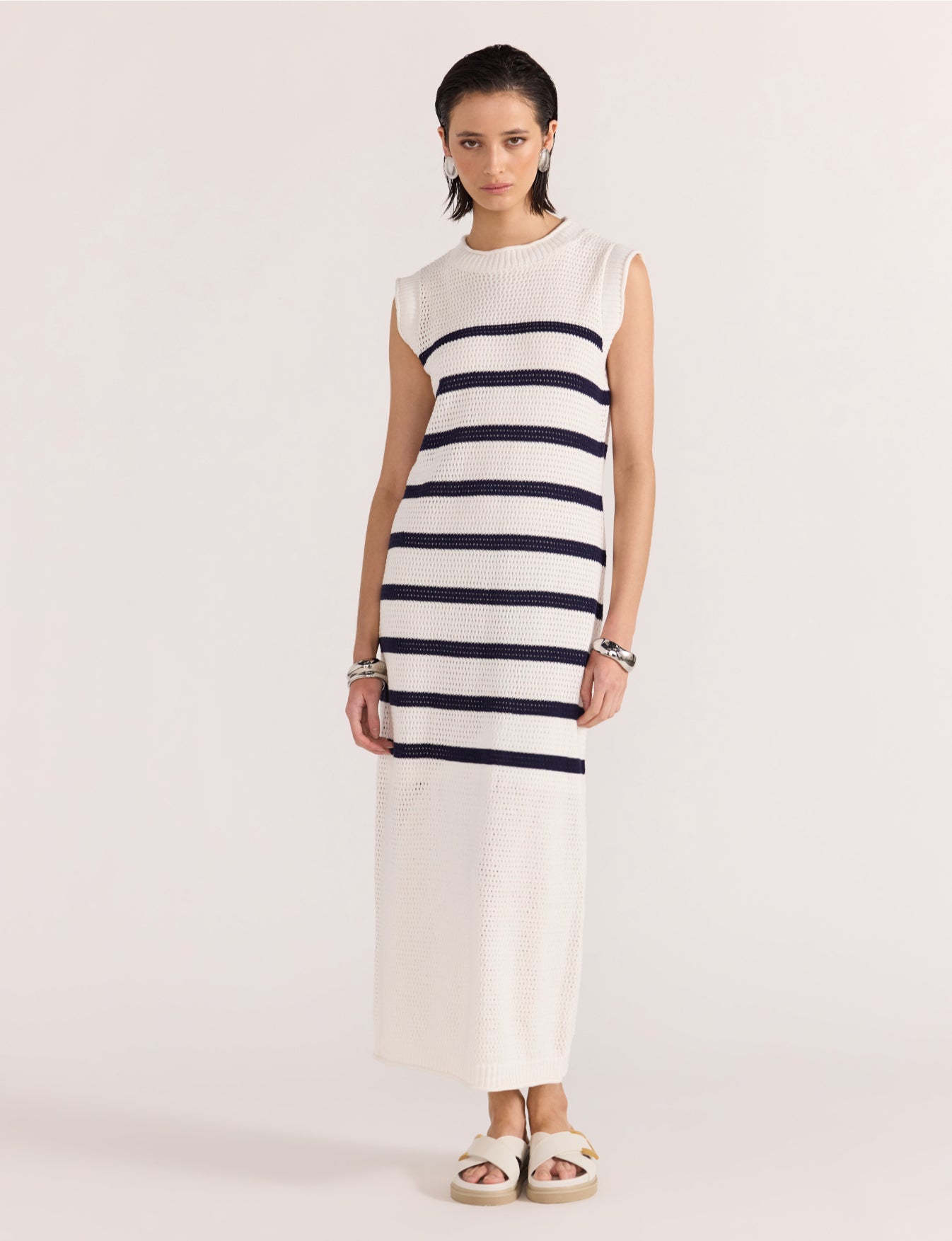 Staple the Label Veda Stripe Knit Midi Dress in White/Navy Stripe - the tartan fox