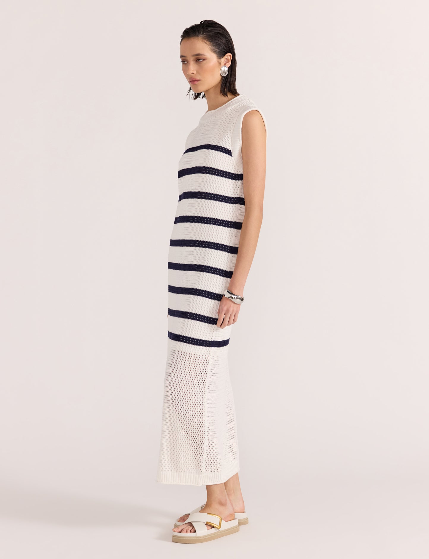 Staple the Label Veda Stripe Knit Midi Dress in White/Navy Stripe - the tartan fox