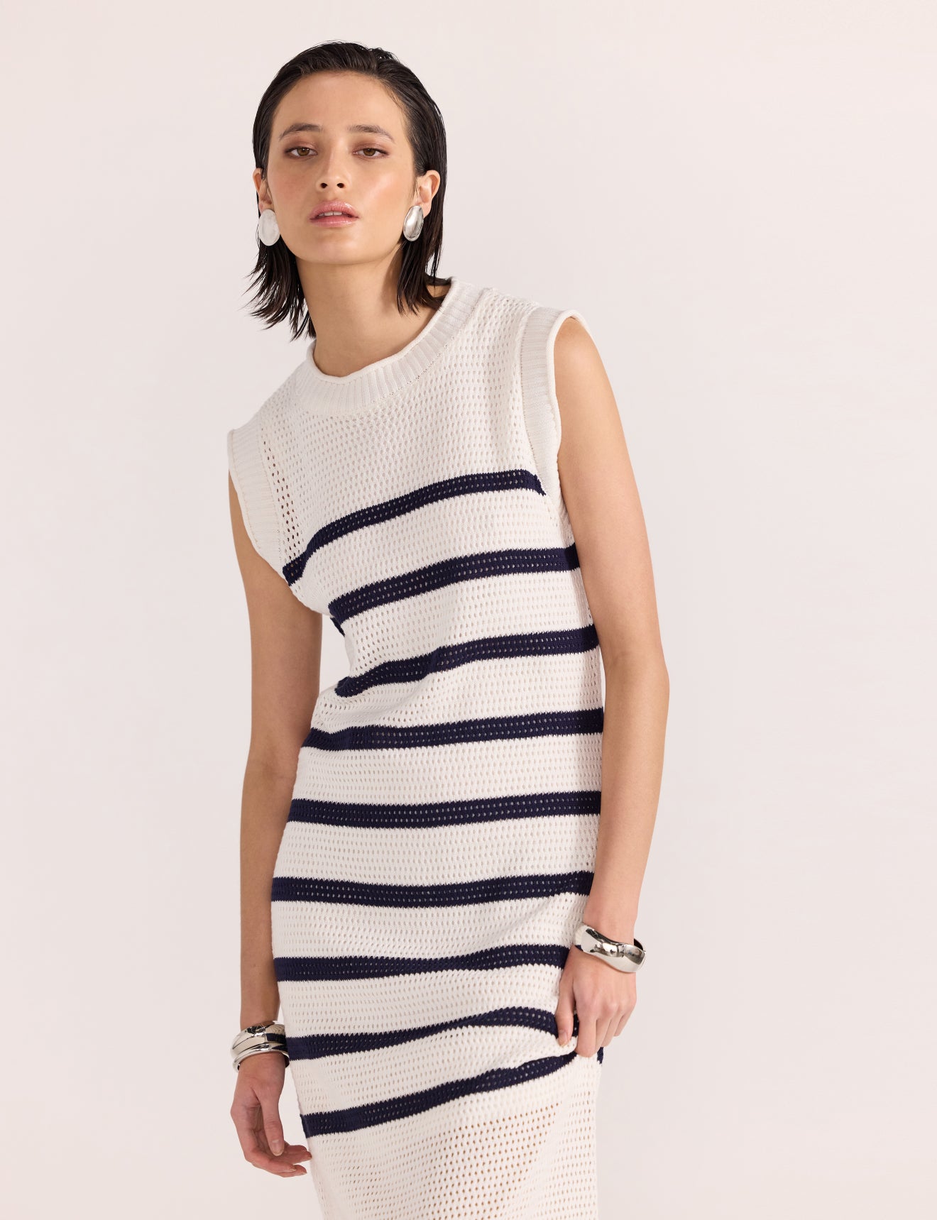 Staple the Label Veda Stripe Knit Midi Dress in White/Navy Stripe - the tartan fox