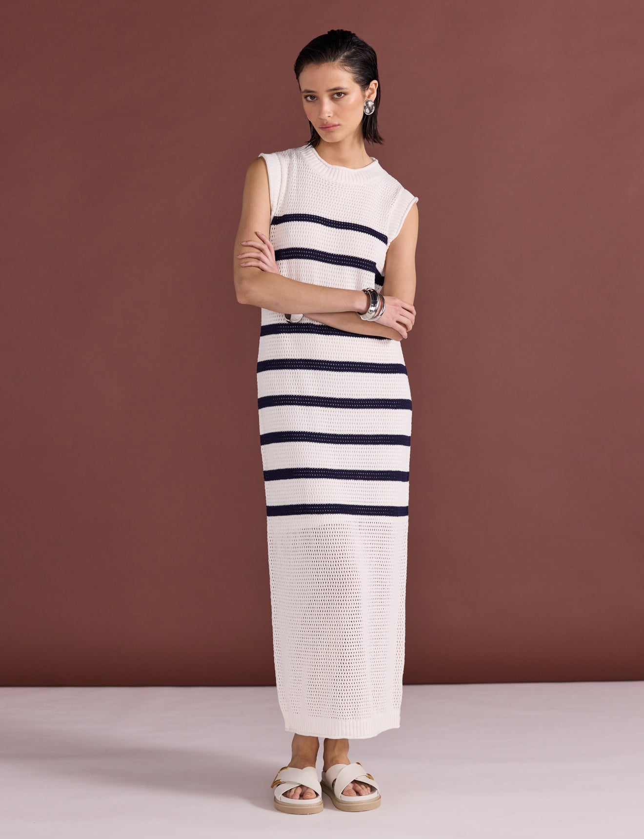 Staple the Label Veda Stripe Knit Midi Dress in White/Navy Stripe - the tartan fox