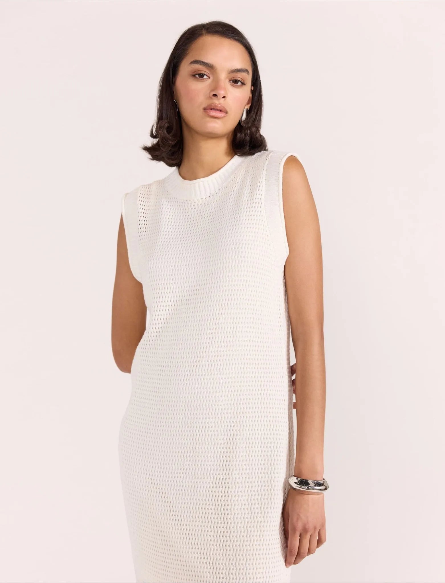 Staple the Label Wave Open Knit Midi Dress in White - the tartan fox