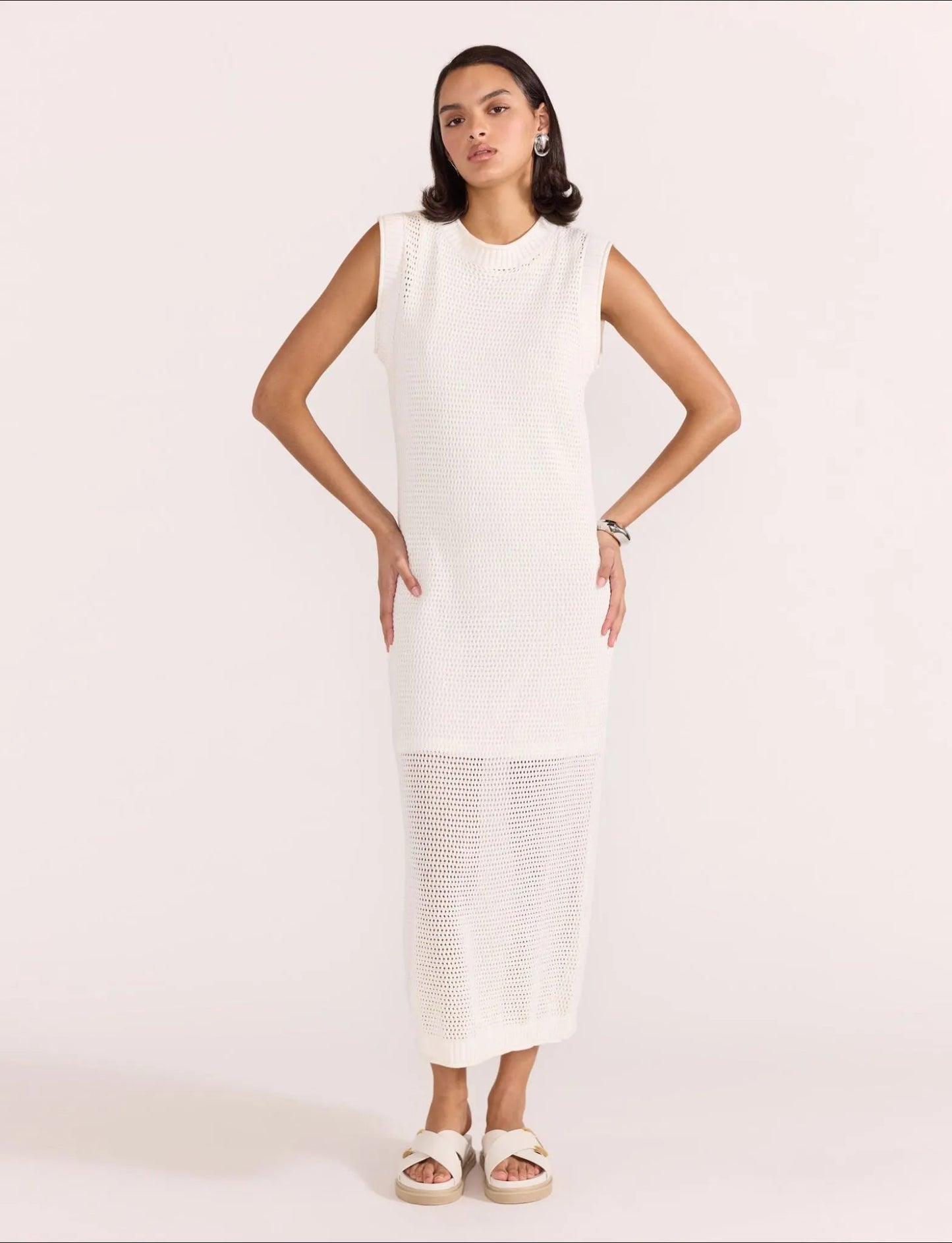 Staple the Label Wave Open Knit Midi Dress in White - the tartan fox