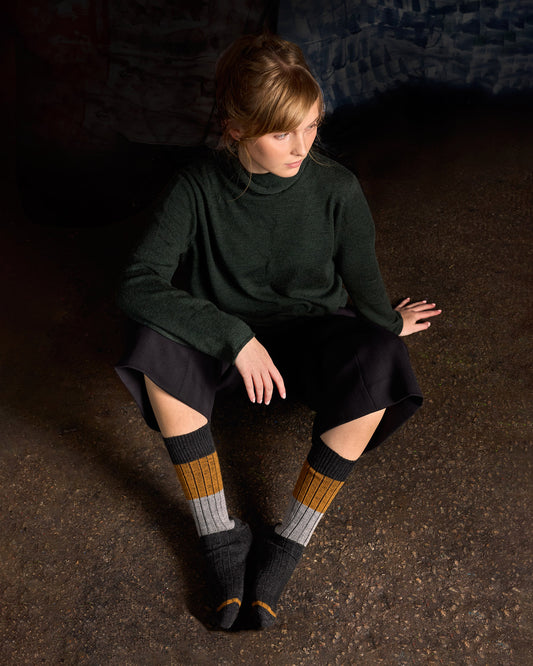 Tightology Chunky Rib Merino Wool Socks in Charcoal Stripe - the tartan fox