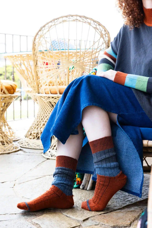 Tightology Chunky Rib Merino Wool Socks in Rust Stripe - the tartan fox