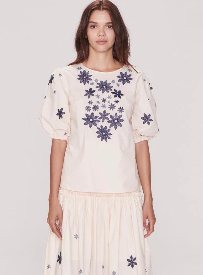 Apartment Clothing Edina Full Sleeve Top in Vanilla/Navy Embroidery - the tartan fox