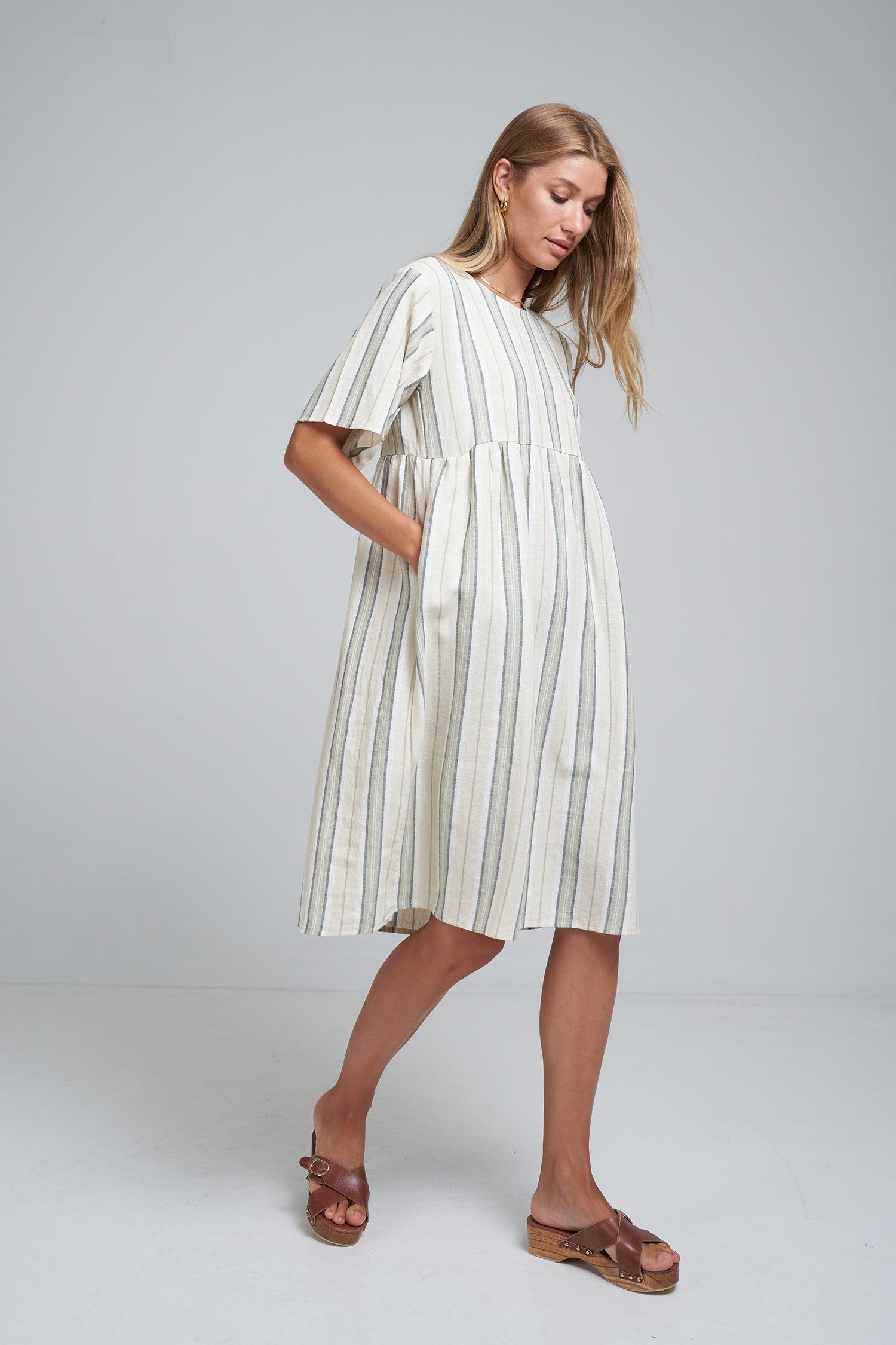 Lilya Japan Dress in Sage Stripe - the tartan fox