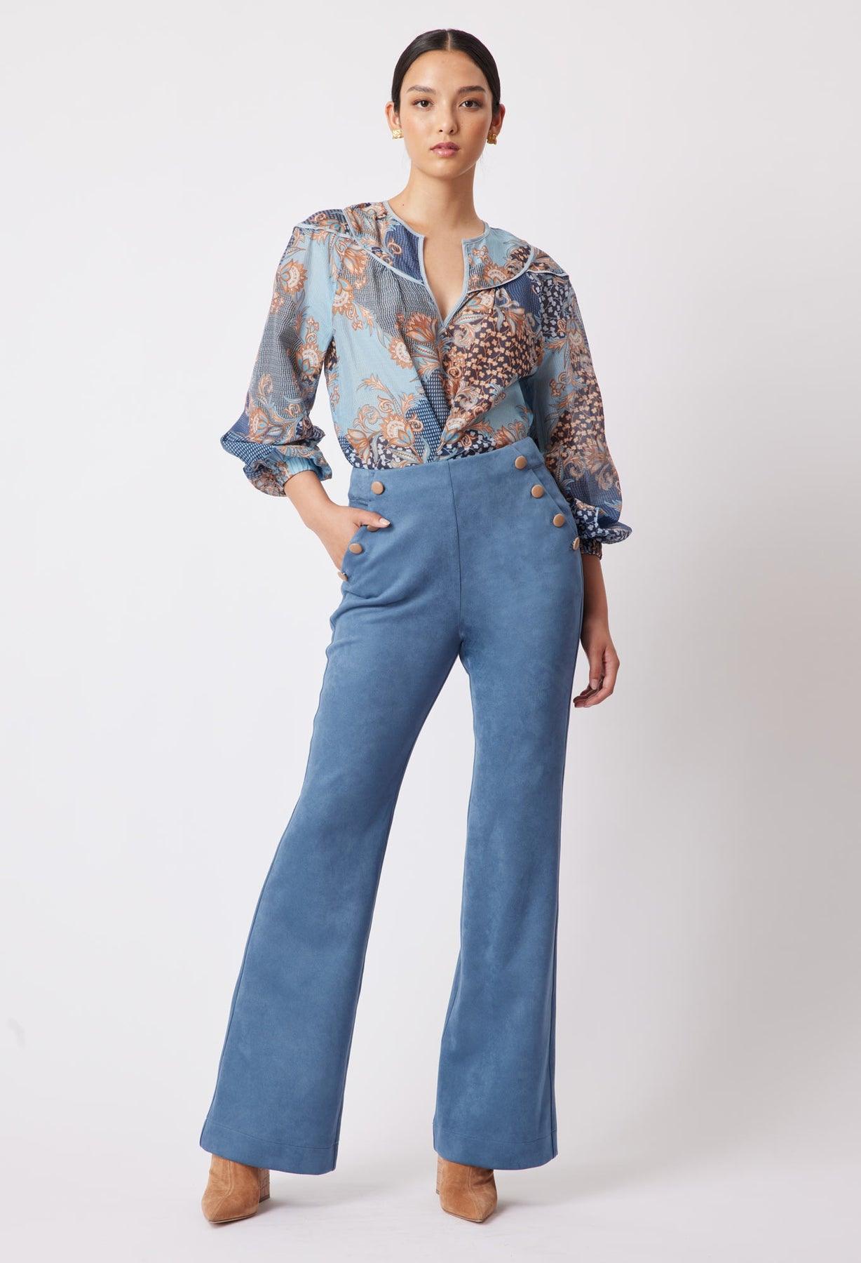 OnceWas Getty Faux Suede Pant in Chambray - the tartan fox