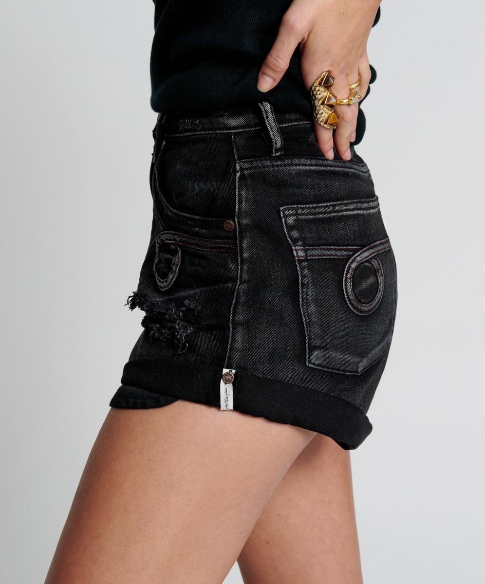 One Teaspoon Bandits High Waist Denim Short in Faded Black - the tartan fox